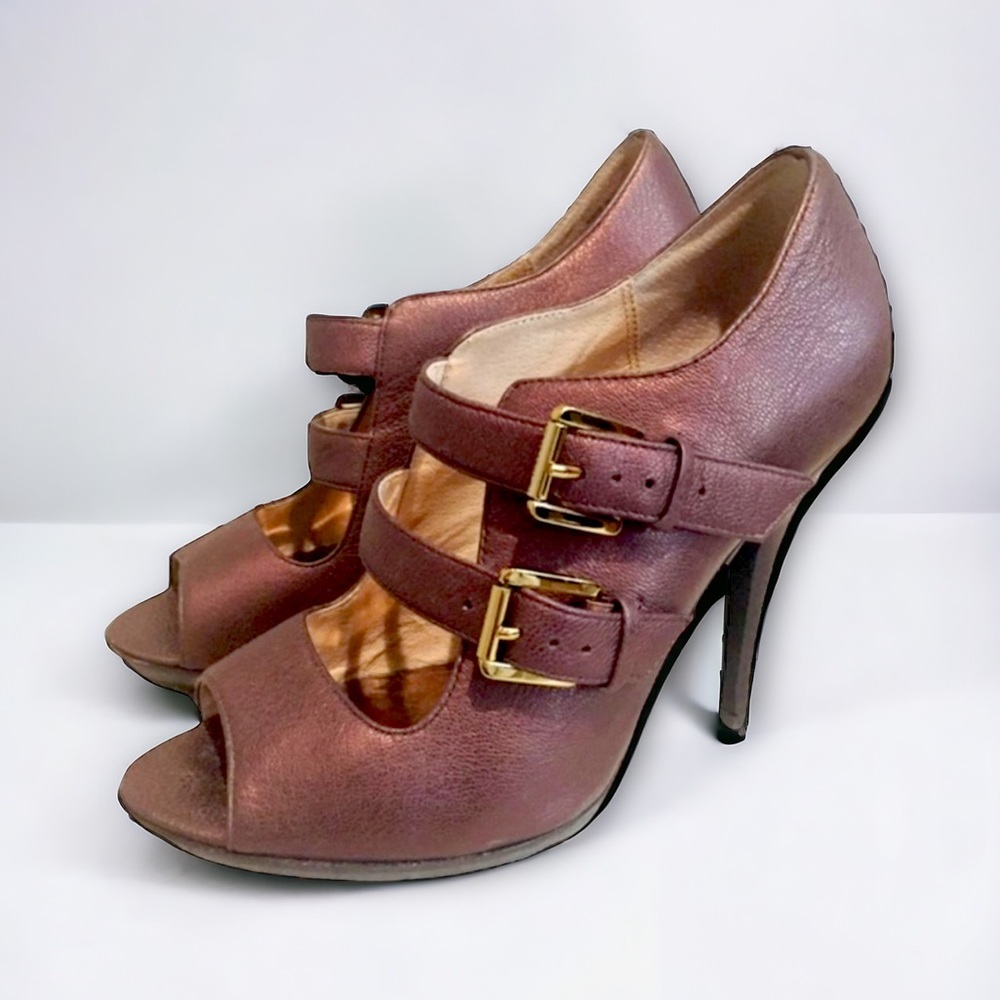 Michael Kors Leather Mary Jane Buckle Peep Toe Heels 7M Bronze Wide Straps
